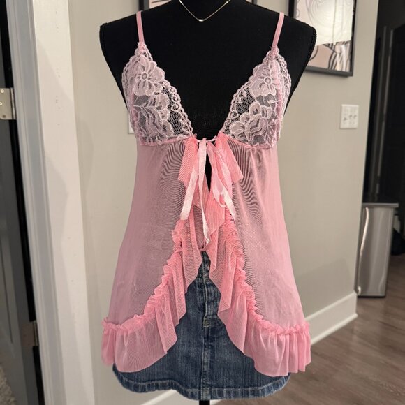 Vintage Lingerie Cami \ Baby Pink Mesh 2000s Y2K Lingerie Cami Slip Dress - Picture 1 of 9